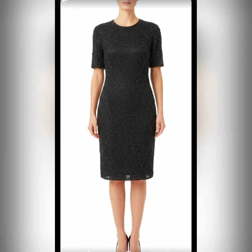 Vintage Jewel Queen 100% Pure Silk Beaded Dress Black Hand Embroidered SZ 8